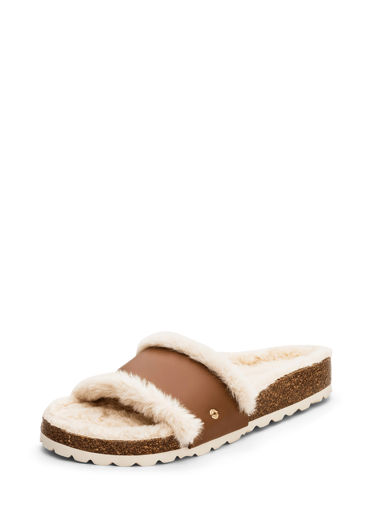 Frontalansicht auf neutralem Hintergrund des Produktes Casual Cork Fur in der Farbe Cognac