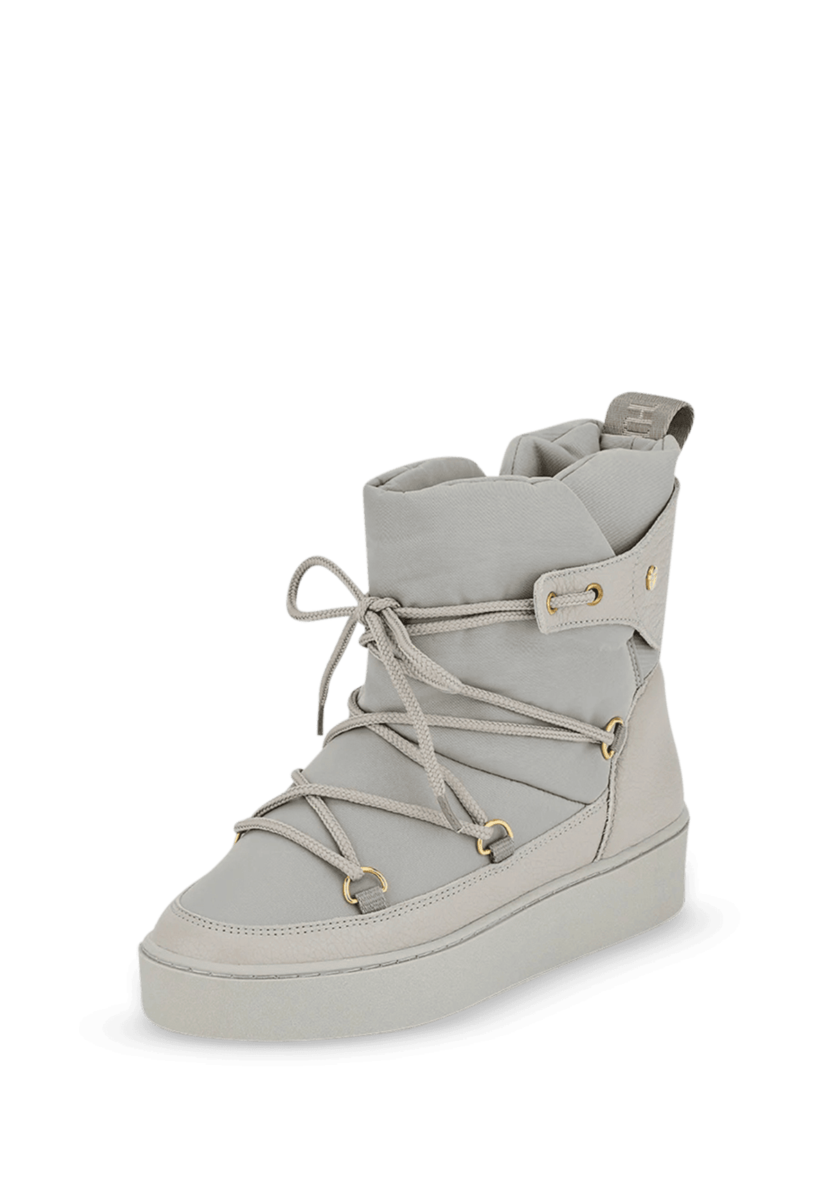 Frontalansicht auf neutralem Hintergrund des Produktes Cozy Lace Up in der Farbe Greige