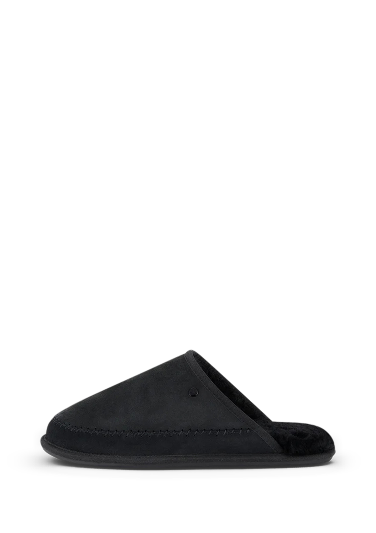 Seitenansicht auf neutralem Hintergrund des Produktes Slipper Comfy in der Farbe Black