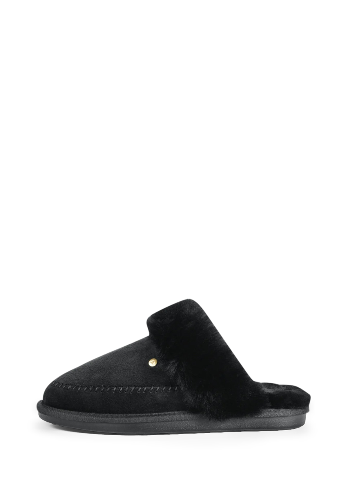 Seitenansicht auf neutralem Hintergrund des Produktes Slipper Cushy in der Farbe Black