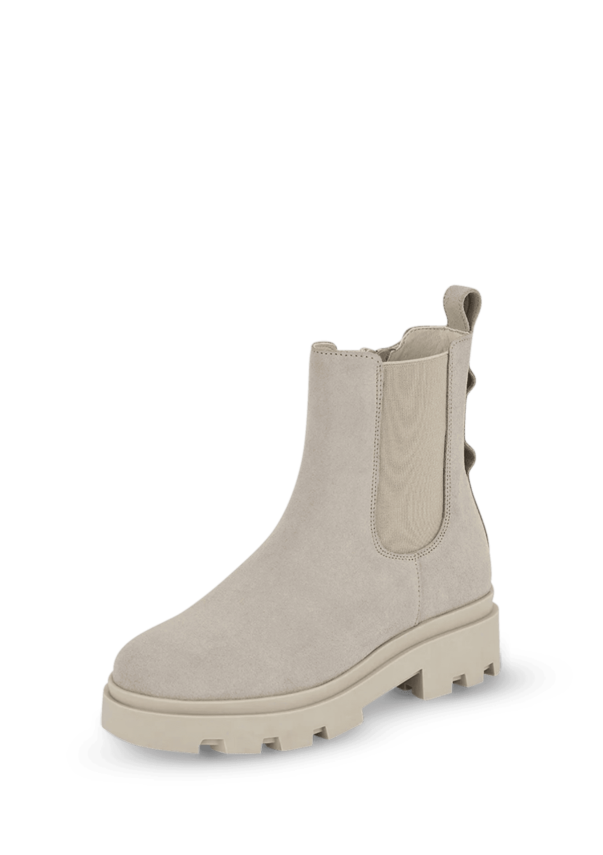 Seitenansicht auf neutralem Hintergrund des Produktes Classy Aesthetic Suede in der Farbe Greige