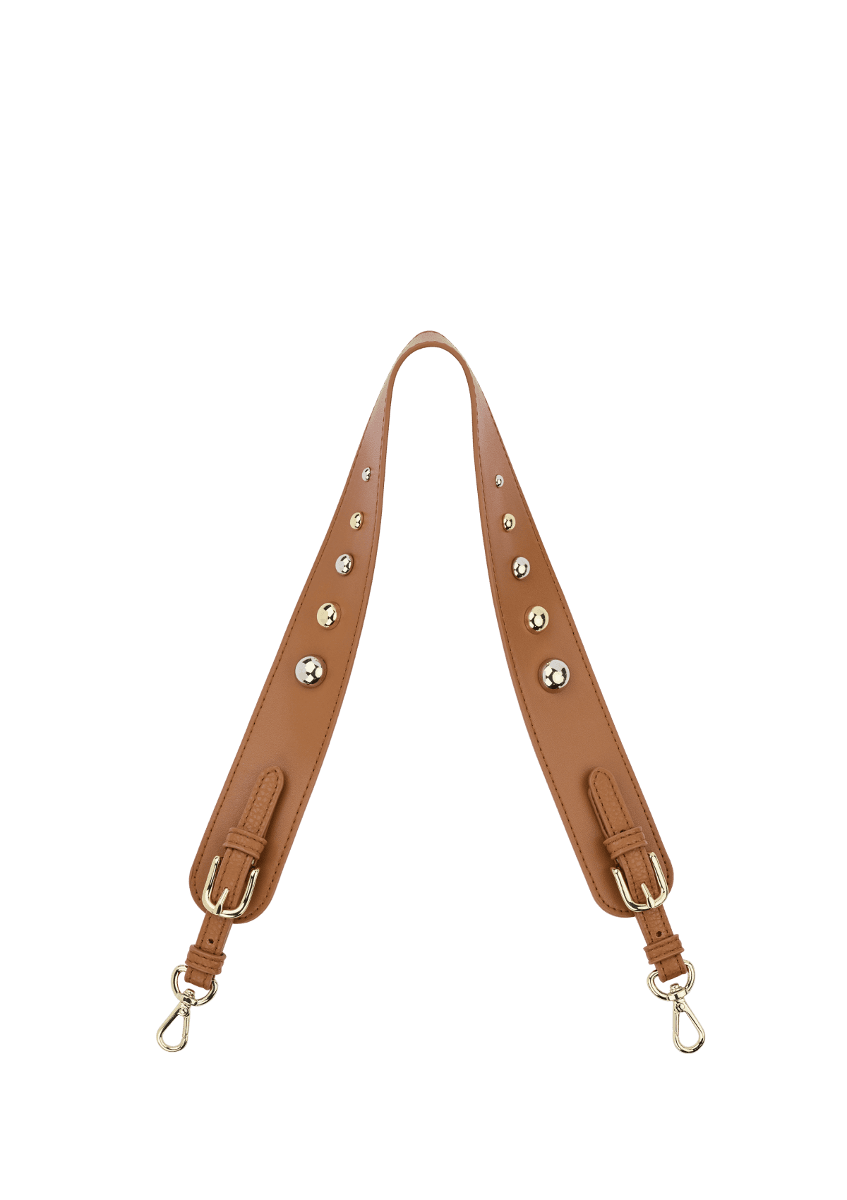 Frontalansicht auf neutralem Hintergrund des Produktes Urban Stud Strap in der Farbe Cognac