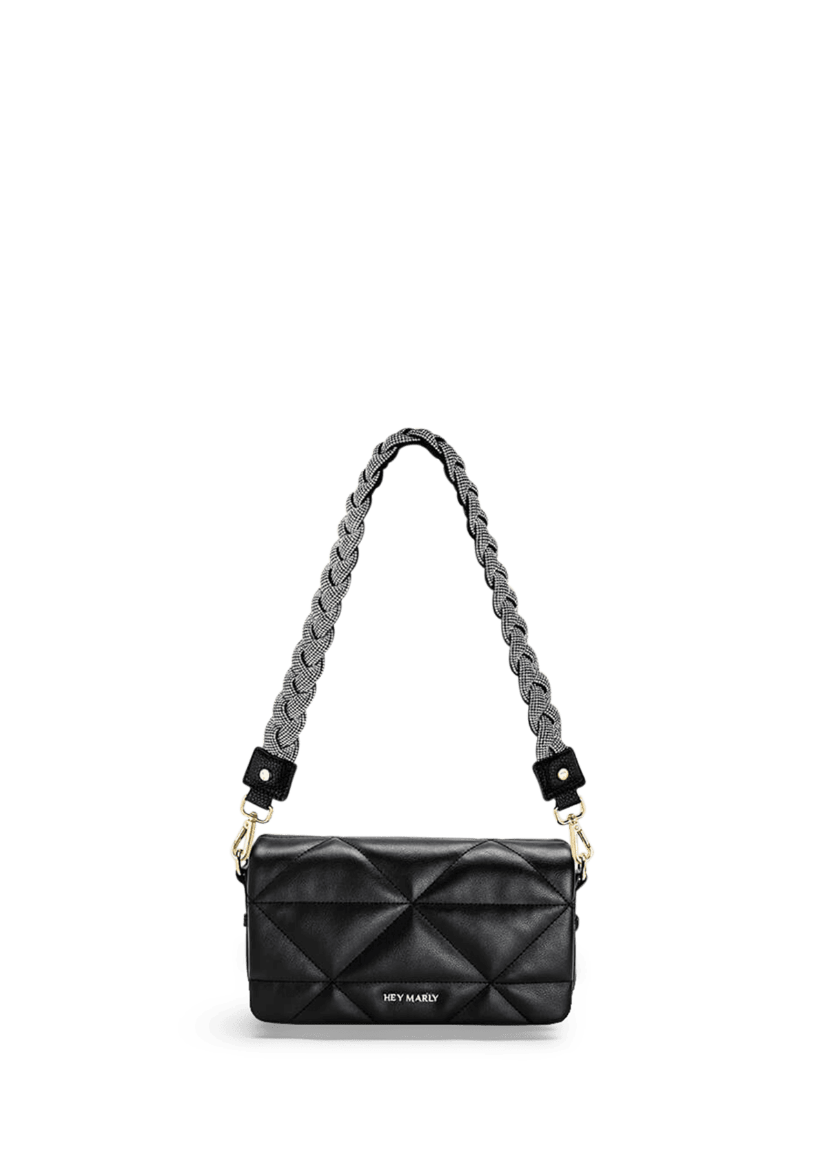 Seitenansicht auf neutralem Hintergrund des Produktes Braided Glitter Strap in der Farbe Black