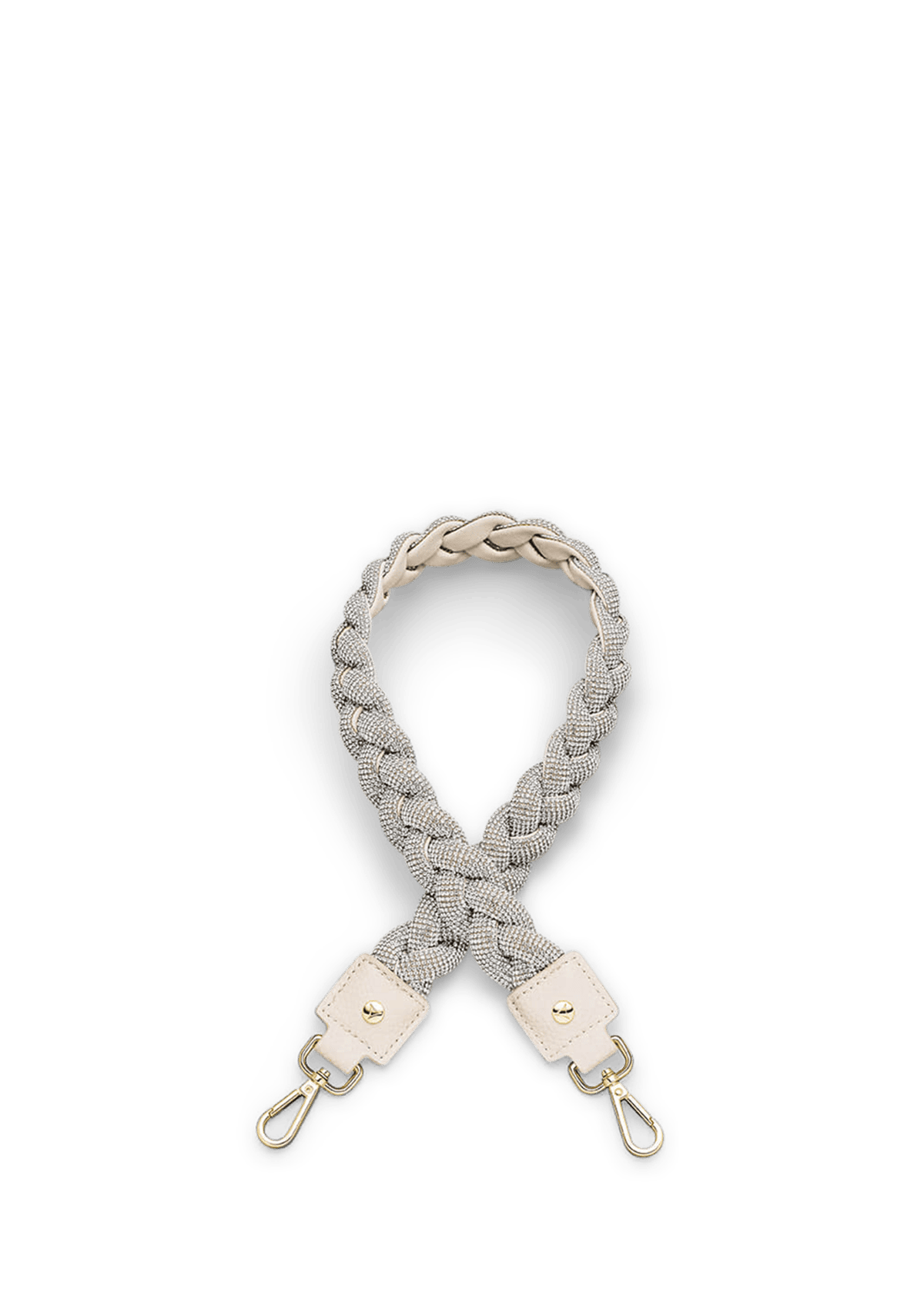 Seitenansicht auf neutralem Hintergrund des Produktes Braided Glitter Strap in der Farbe Crema