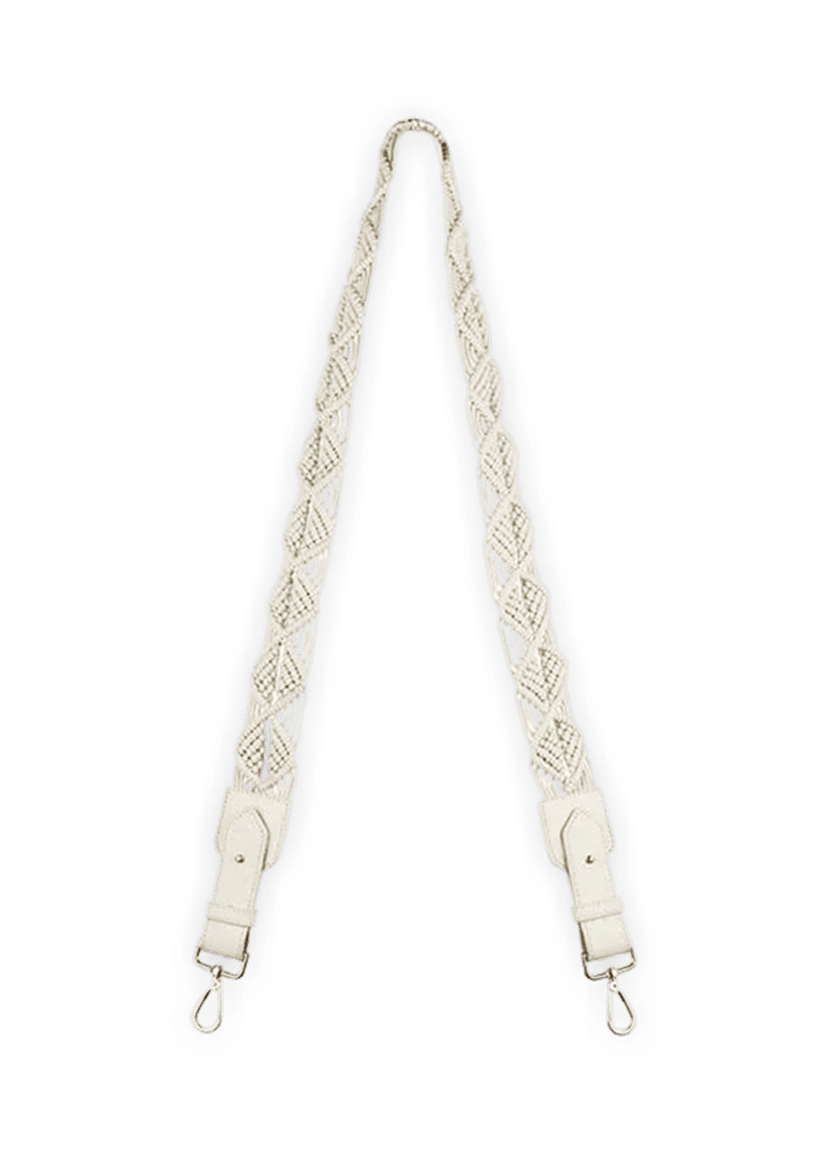 Frontalansicht auf neutralem Hintergrund des Produktes Makrame Strap in der Farbe Crema