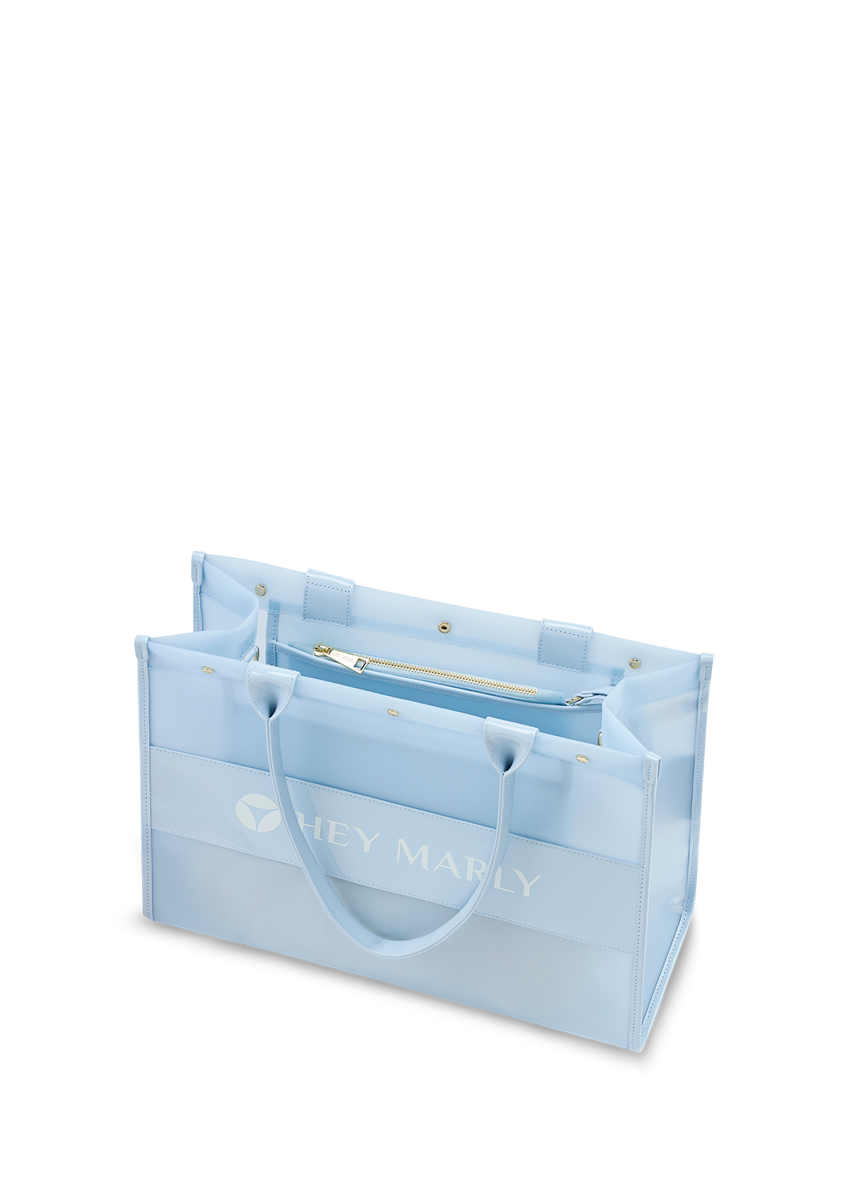 Produktabbildung auf neutralem Hintergrund des Produktes Transparent Signature Bag in der Farbe Blue Light