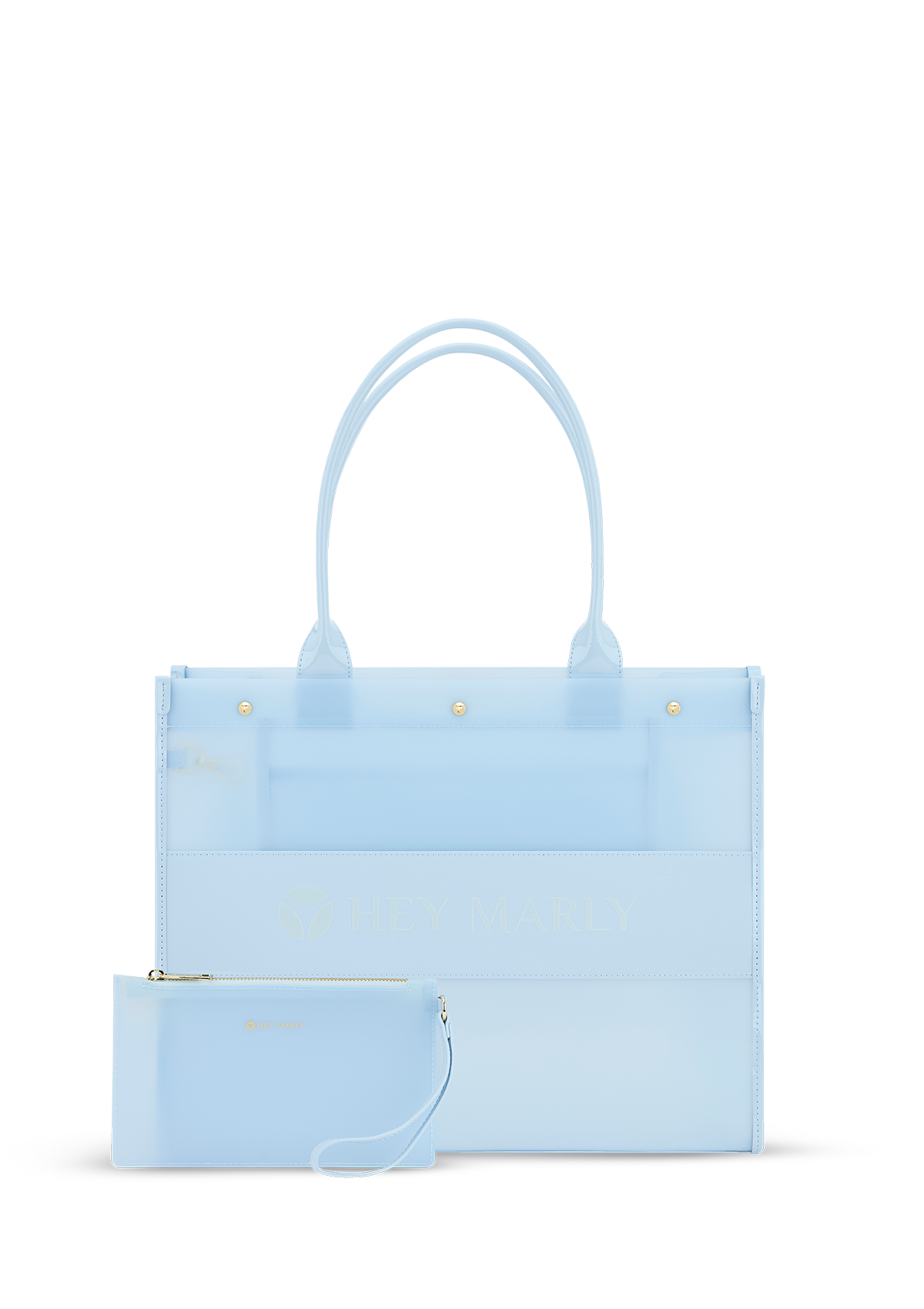 Produktabbildung auf neutralem Hintergrund des Produktes Transparent Signature Bag in der Farbe Blue Light