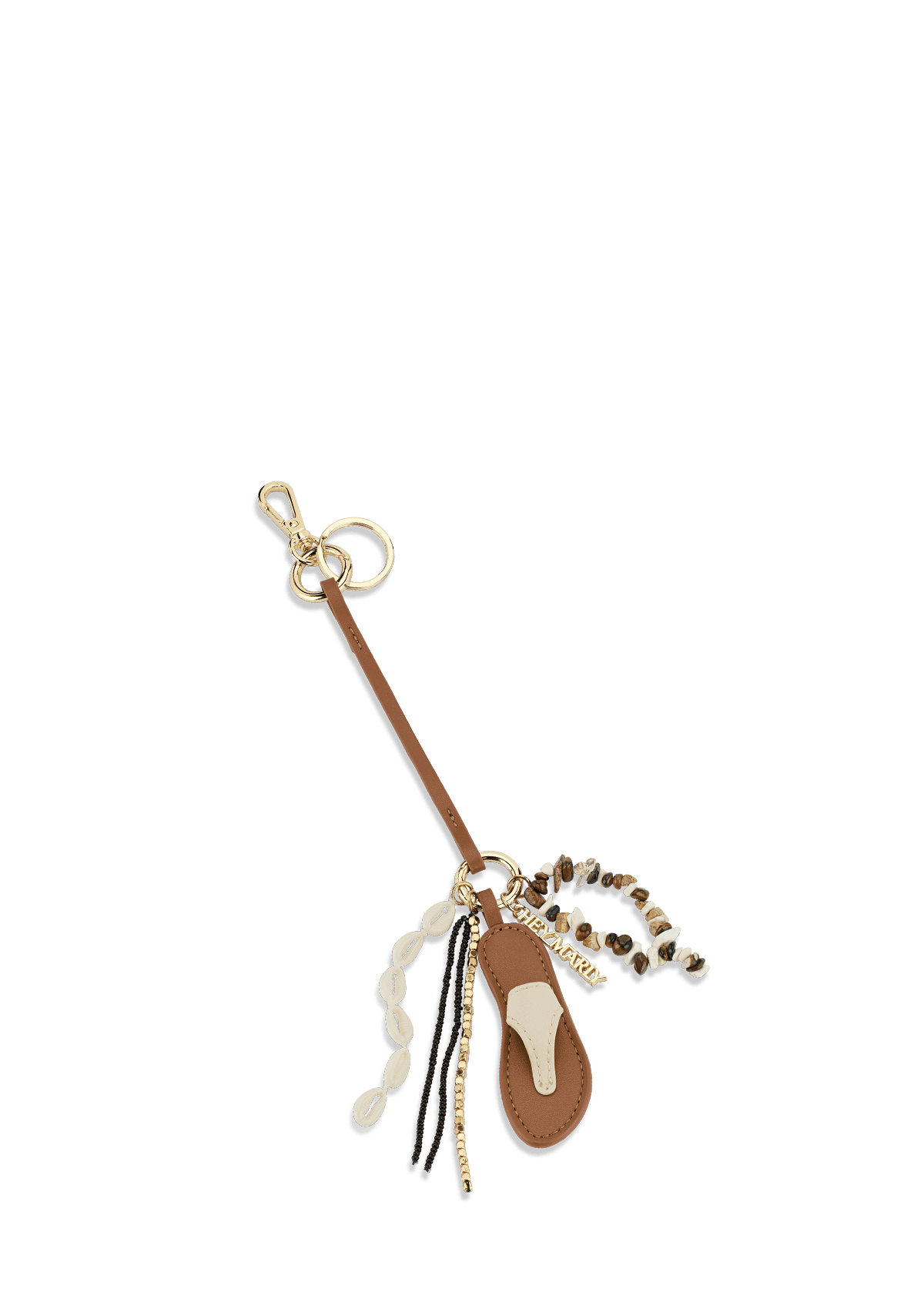 Frontalansicht auf neutralem Hintergrund des Produktes Sandal Charm in der Farbe Crema-Black-Cognac