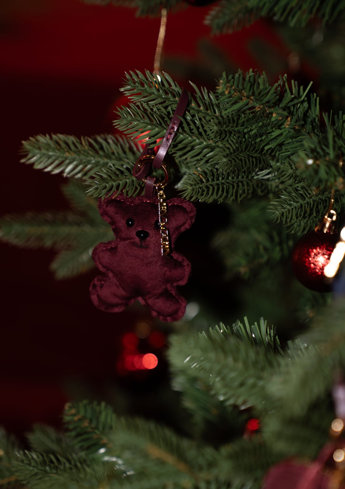 Tragebild mit Model auf neutralem Hintergrund des Produktes Soft Teddy Charm in der Farbe Berry