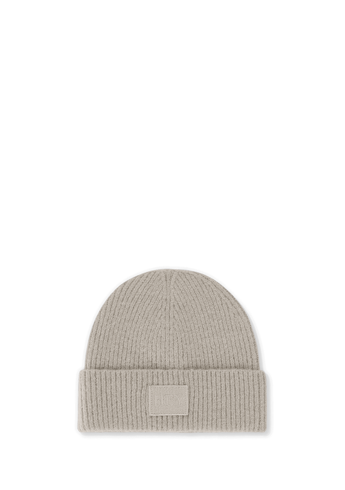 Frontalansicht auf neutralem Hintergrund des Produktes Hey Beanie in der Farbe Greige