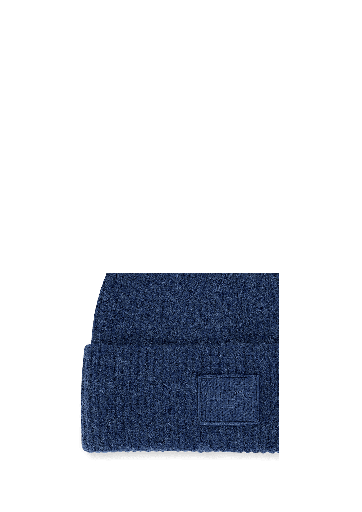 Seitenansicht auf neutralem Hintergrund des Produktes Hey Beanie in der Farbe Blue