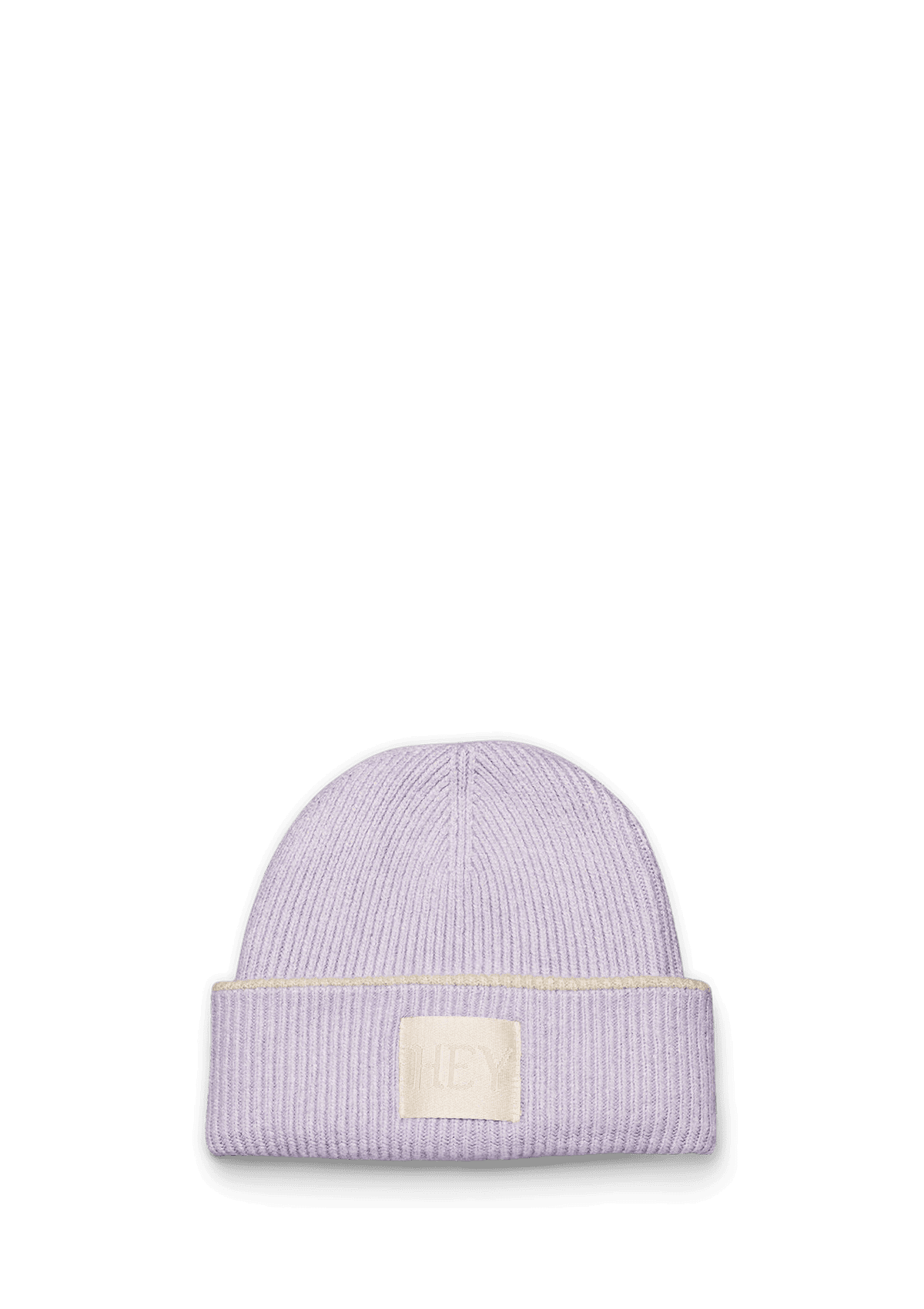Seitenansicht auf neutralem Hintergrund des Produktes Cozy Beanie in der Farbe Flieder