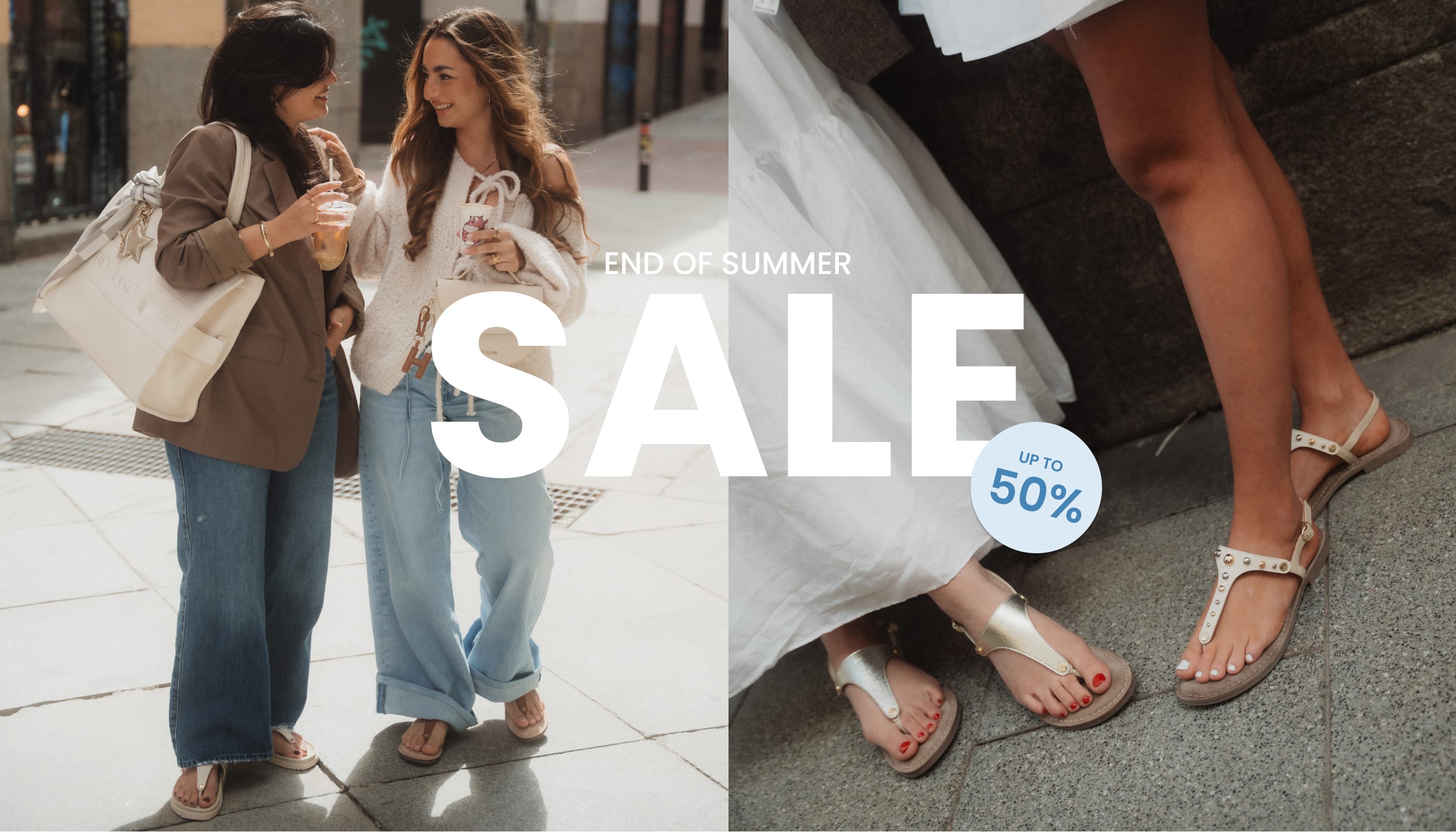Collage mit Models und Taschen und Sandalen mit dem Text "End of Summe Sale" mit der Bubble "Up to 50%"