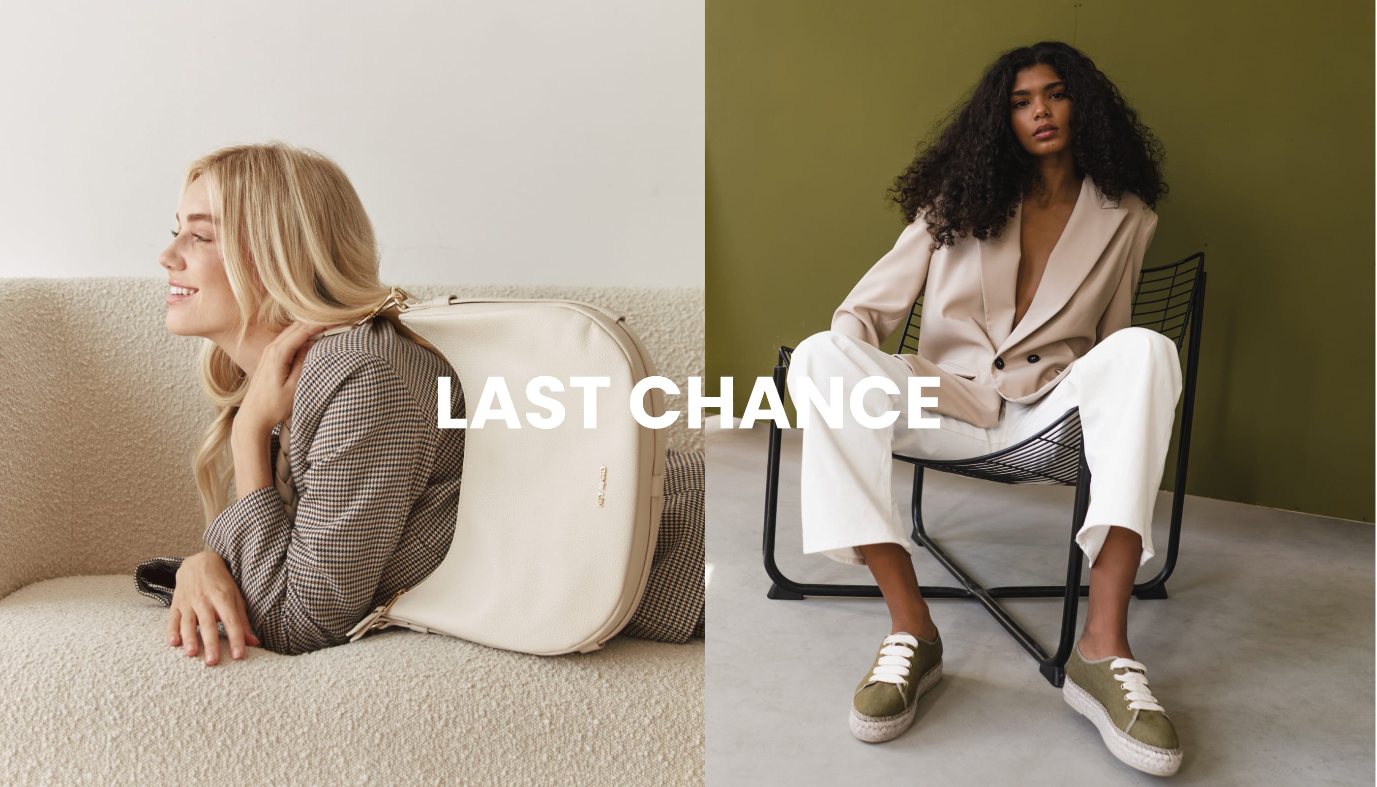 Collage mit Models mit Tasche und sitzend in einem Stuhl mit dem Text "Last Chance"