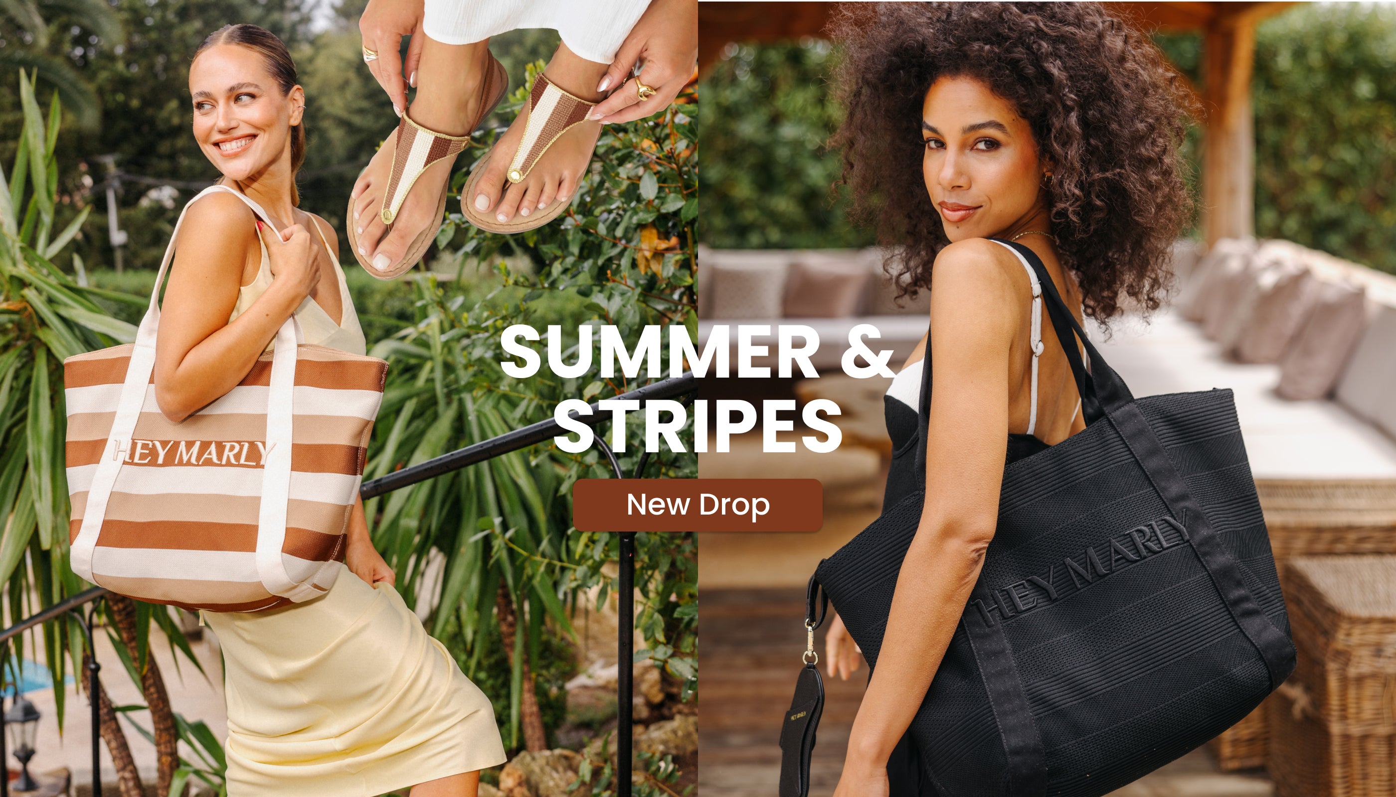 Collage aus Models mit Taschen und Sandalen aus der Summer & Stripe Kollektion