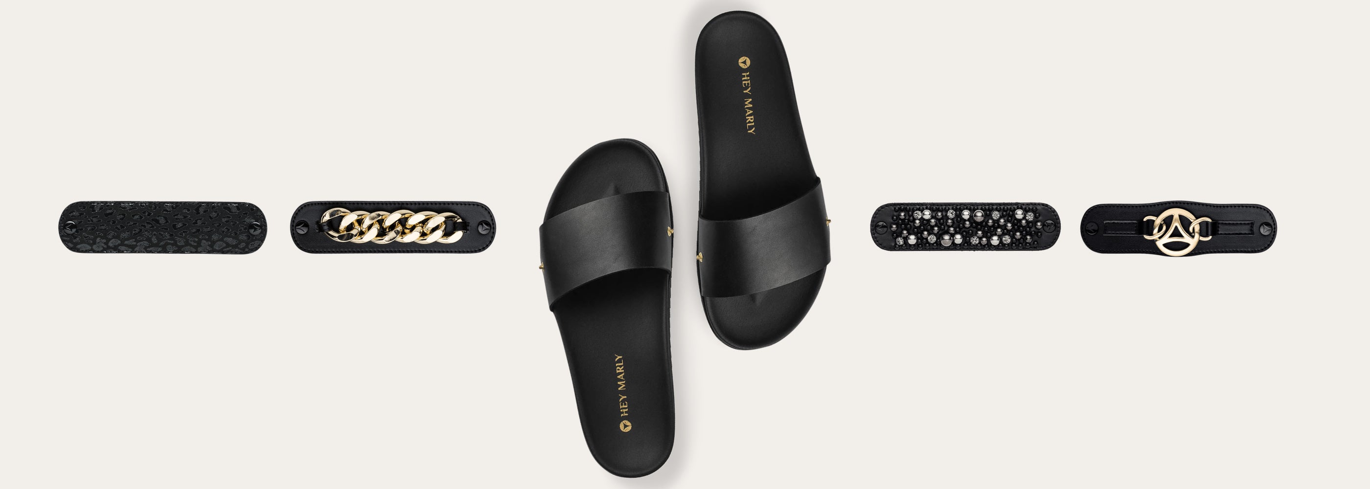 2 Basis Riemensandalen mit verschiedene Toppings daneben in Black
