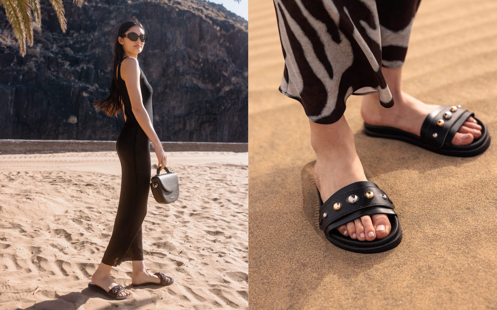 Collage mit Model am Strand mit Riemensandalen und Urban Stud und Precious Pearl Topping in Black