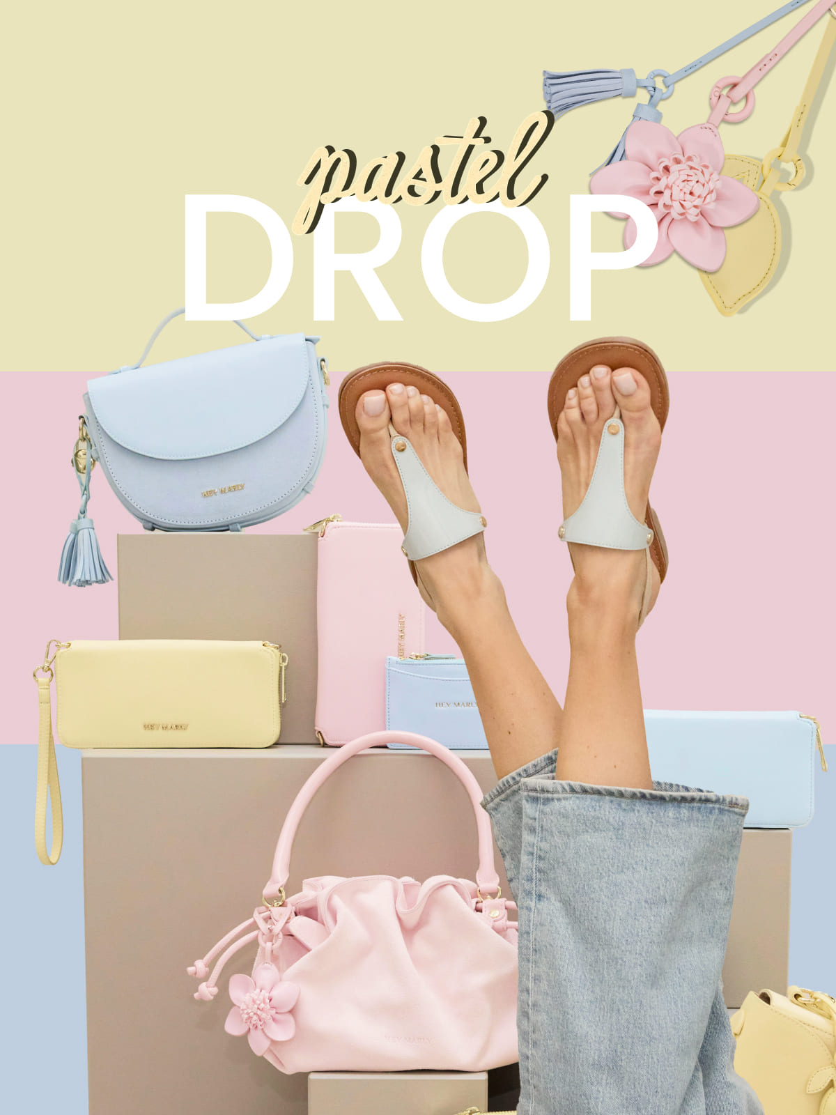 Produkte in Pasteltönen vor Hintergrund in pastellblau, gelb und rosa