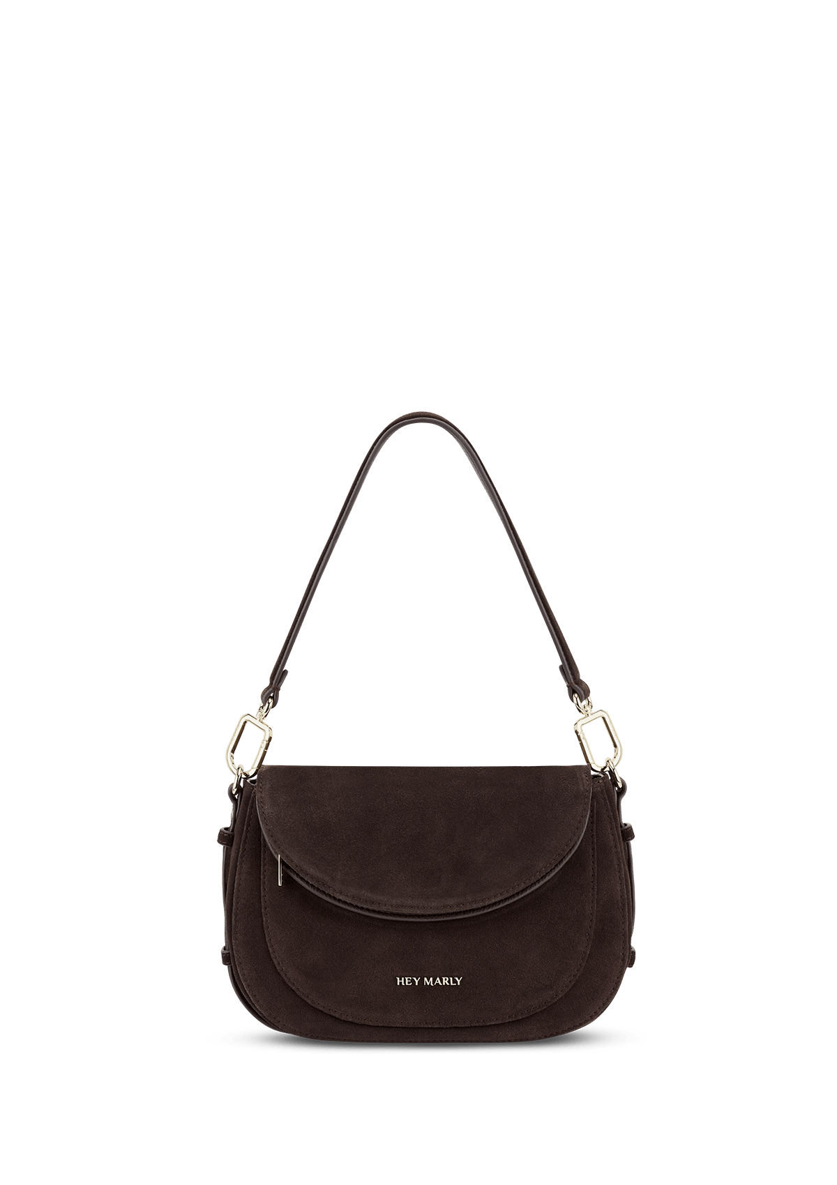 Frontalansicht auf neutralem Hintergrund des Produktes Big Sister Suede in der Farbe Coffee