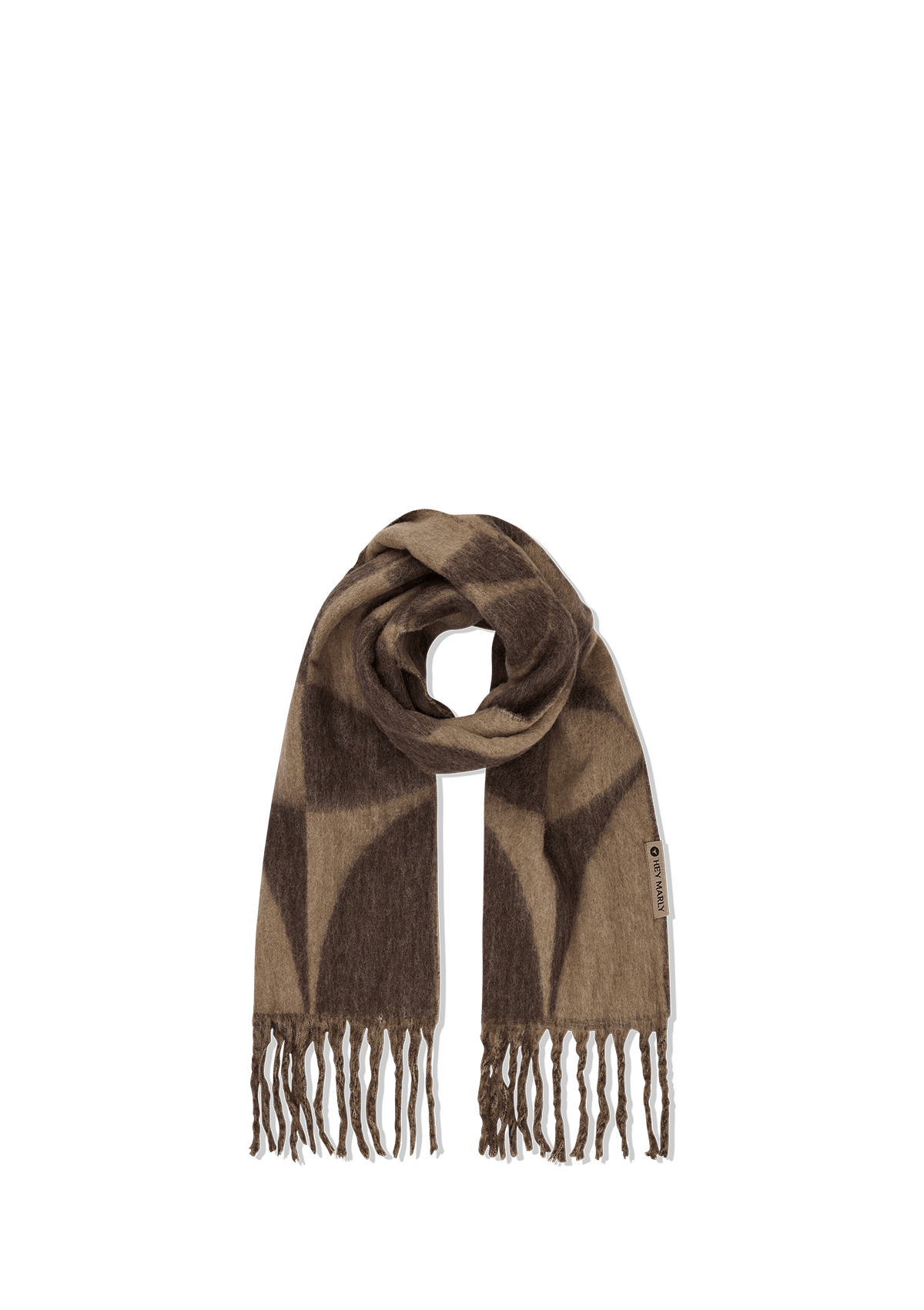 Seitenansicht auf neutralem Hintergrund des Produktes Iconic Scarf in der Farbe Mocha-Coffee