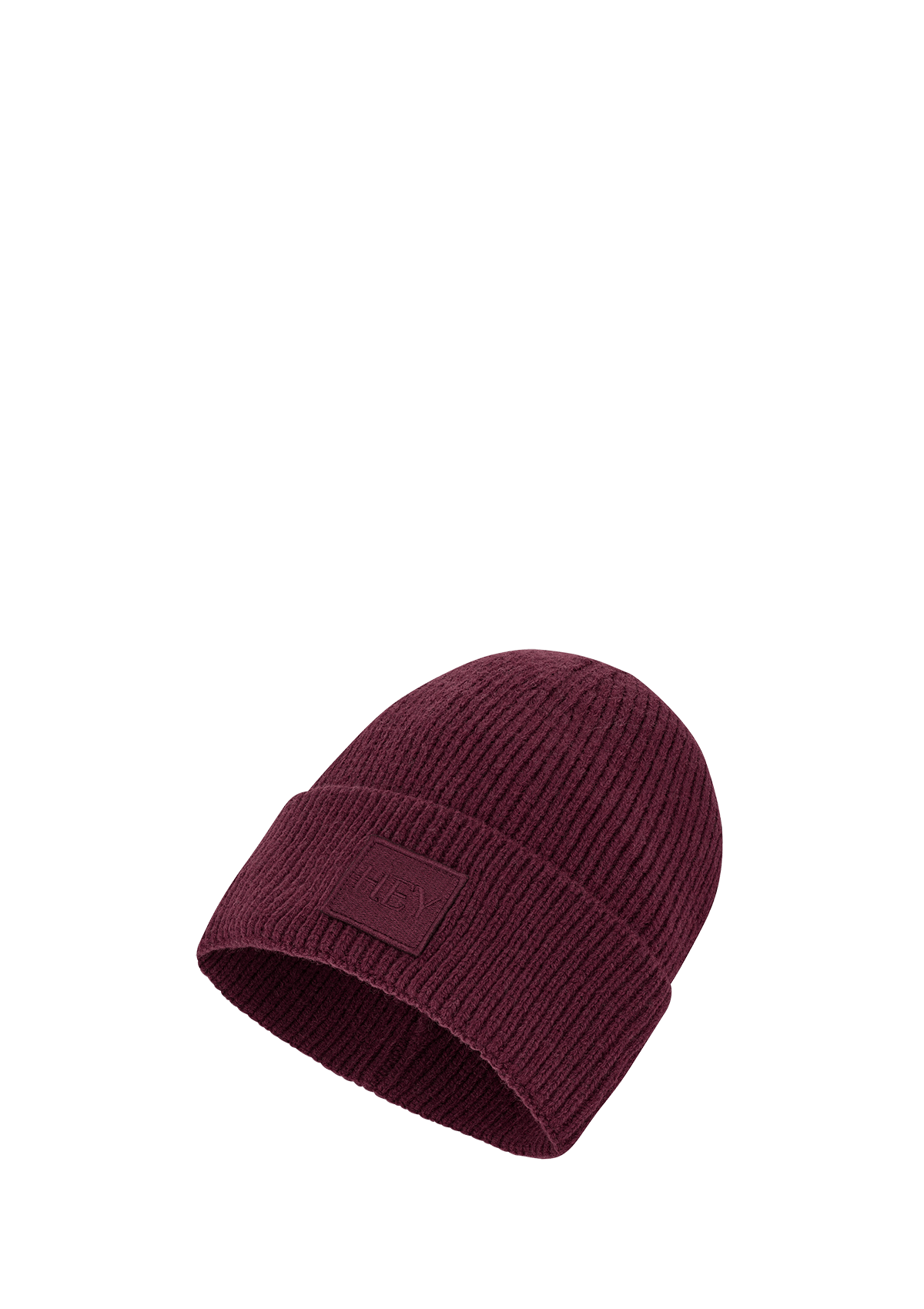 Seitenansicht auf neutralem Hintergrund des Produktes Hey Beanie in der Farbe Berry