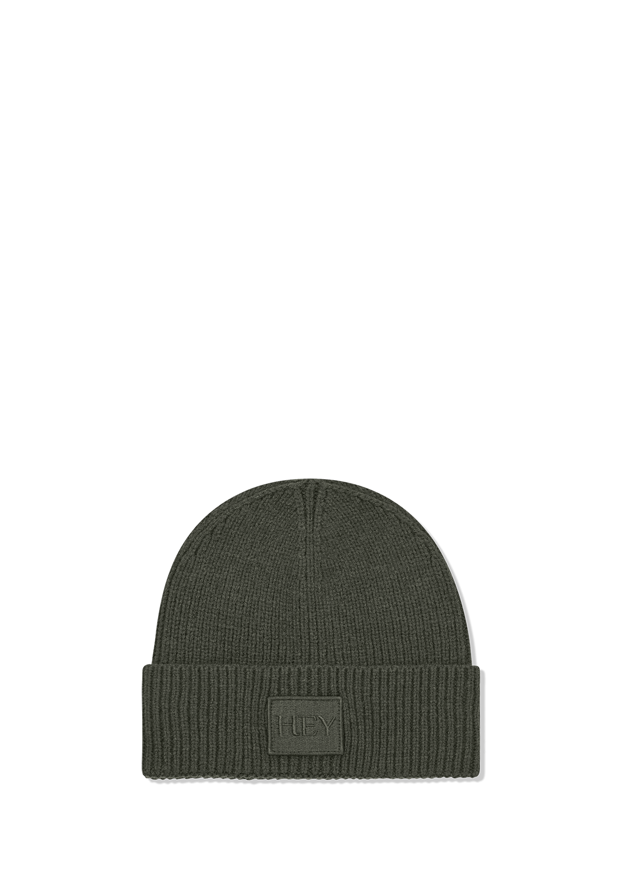 Frontalansicht auf neutralem Hintergrund des Produktes Hey Beanie in der Farbe Forest