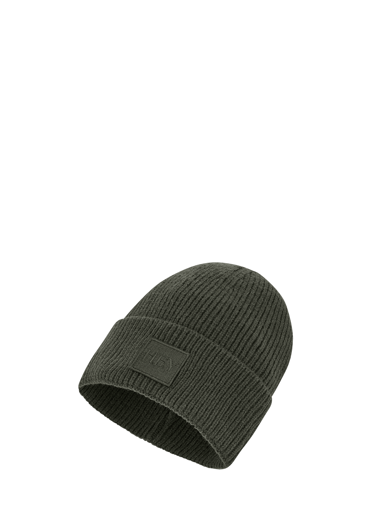 Seitenansicht auf neutralem Hintergrund des Produktes Hey Beanie in der Farbe Forest