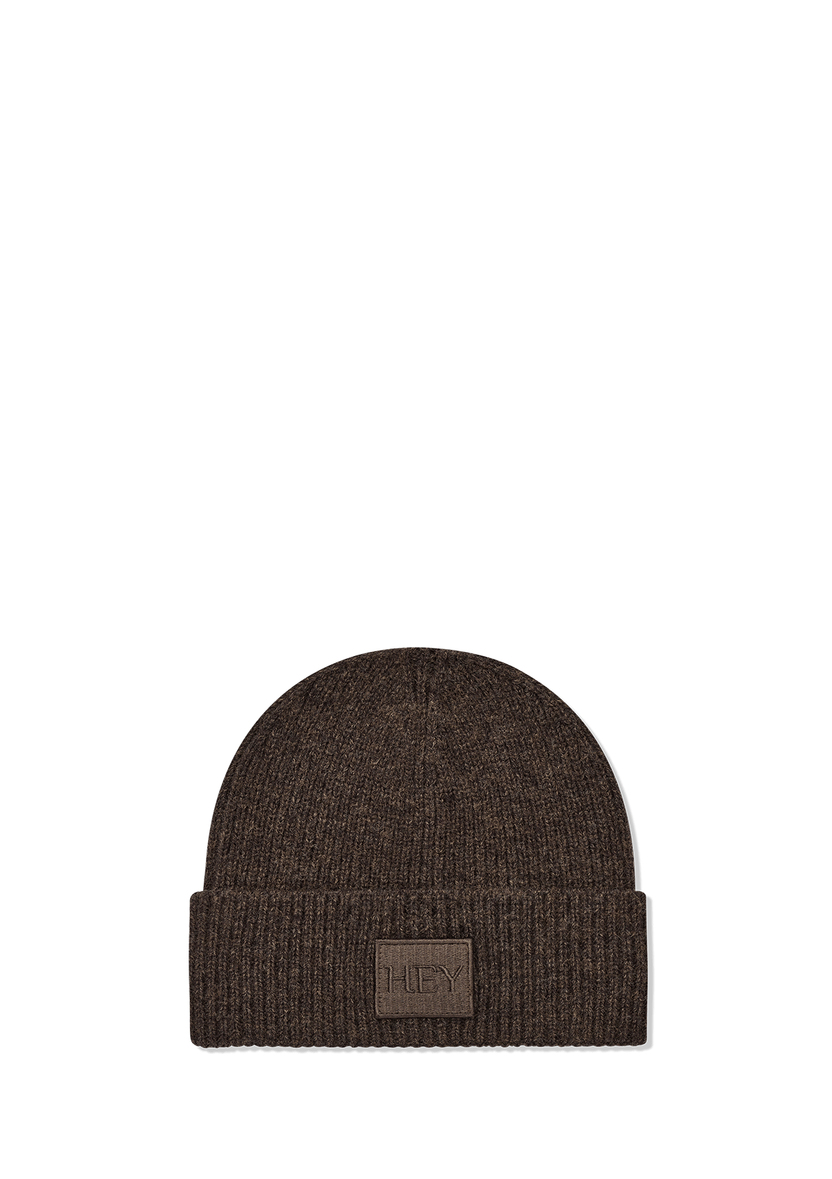 Frontalansicht auf neutralem Hintergrund des Produktes Hey Beanie in der Farbe Coffee