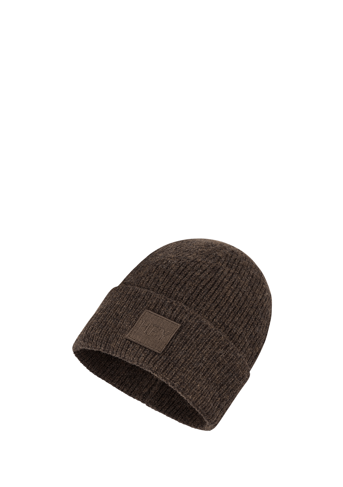 Seitenansicht auf neutralem Hintergrund des Produktes Hey Beanie in der Farbe Coffee