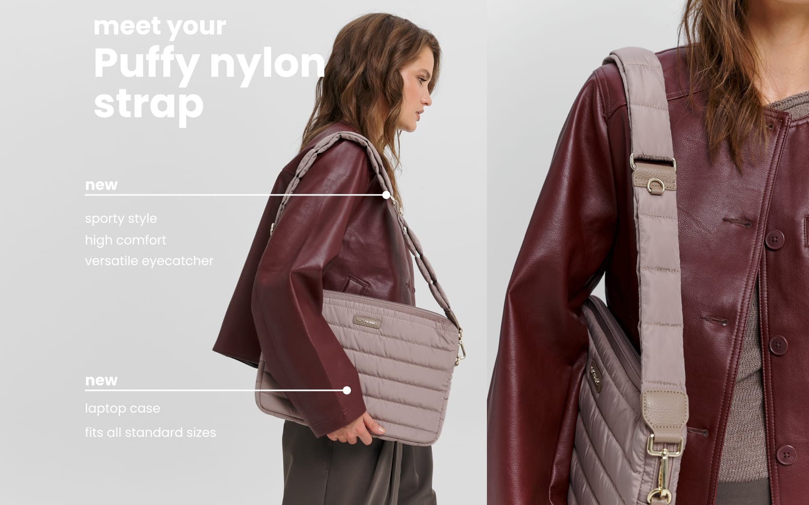 Model mit Puffy Nylon Strap und Puffy Office Buddy vor neutralem Hintergrund