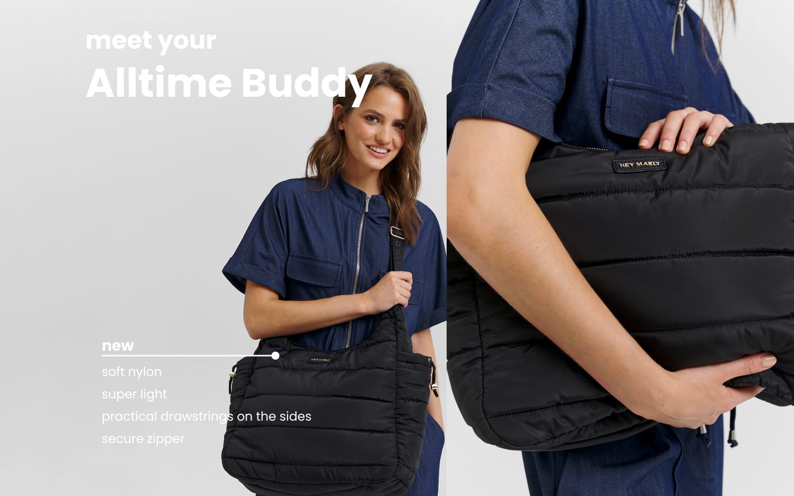 Model mit Alltime Buddy Tasche vor neutralem Hintergrund